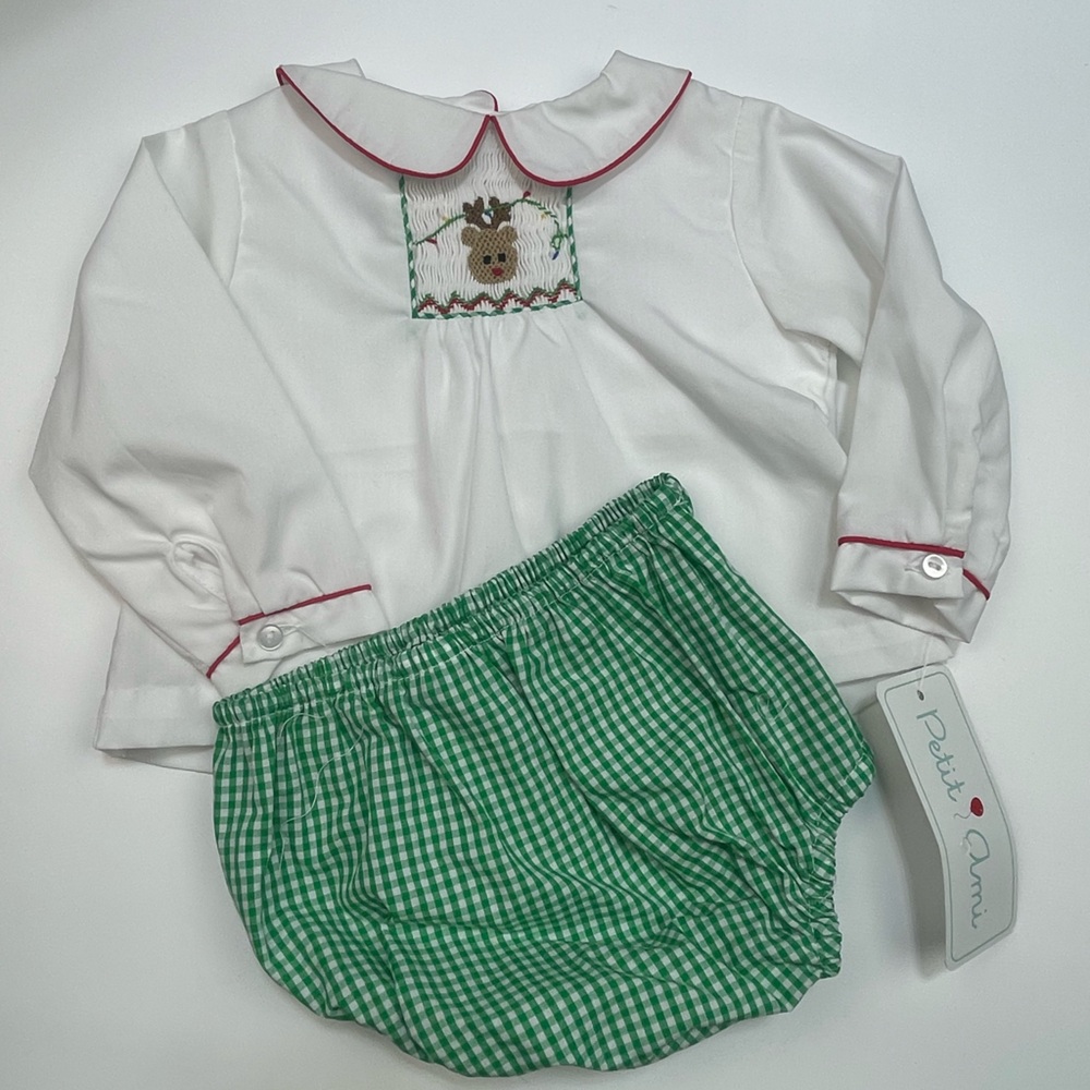 NWT Petit Ami Boy Smocked Reindeer Inset Long Sleeve Gingham Diaper Set - Picture 5 of 5